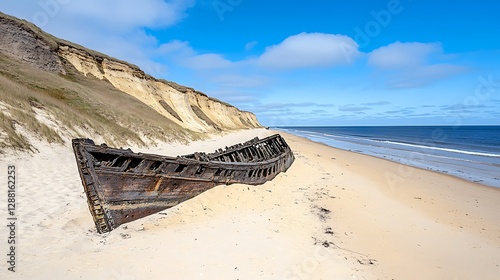 Abandoned shipwreck on sandy beach coastal landscape daylight serenity photo