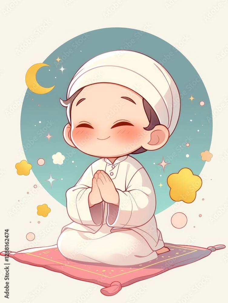 Young Muslim child in white praying on a carpet with a moon Young Muslim child in white praying on a carpet with a moon
