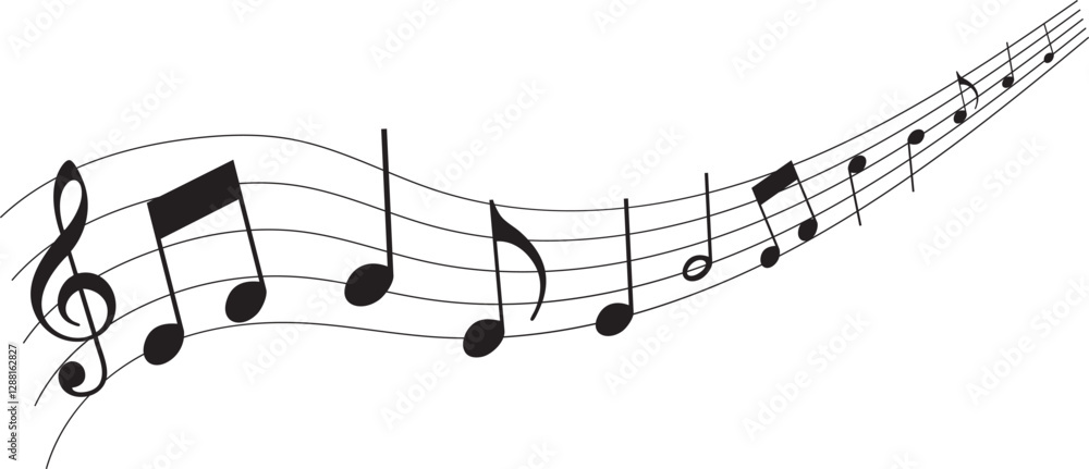 Vector musical melody with floating notes on staff lines. Elegant music score illustration for banners, posters, greeting cards, backgrounds, and creative projects Vector musical melody with floating notes on staff lines. Elegant music score illustration for banners, posters, greeting cards, backgrounds, and creative projects