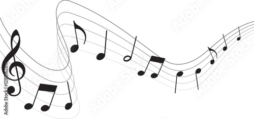 Vector musical melody with floating notes on staff lines. Elegant music score illustration for banners, posters, greeting cards, backgrounds, and creative projects