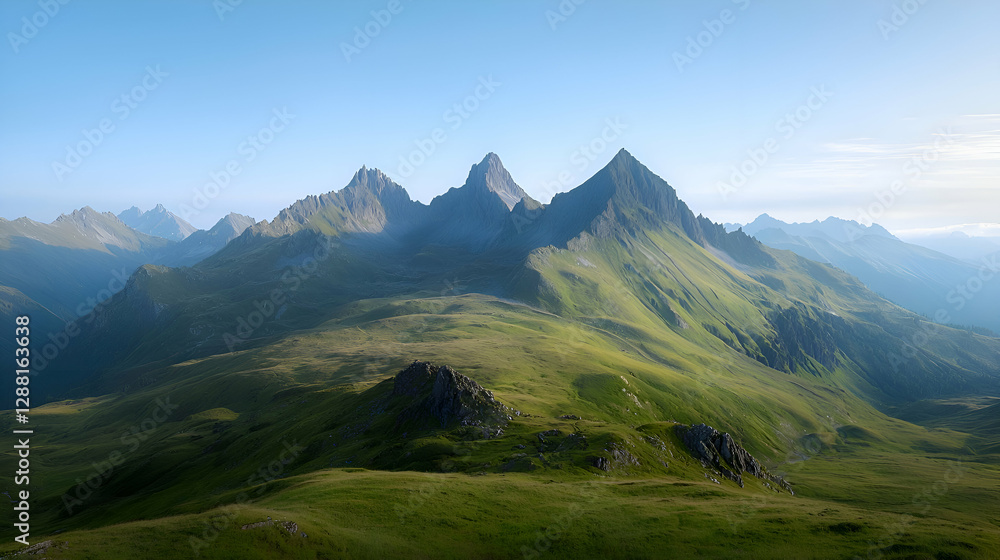 Obraz premium Green Mountain Range Under a Clear Blue Sky