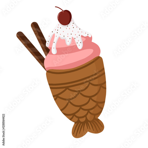 Delicious strawberry soft serve in a taiyaki fish waffle cone, drizzled with whipped cream and topped with a cherry. A fun and creative Japanese dessert illustration.

