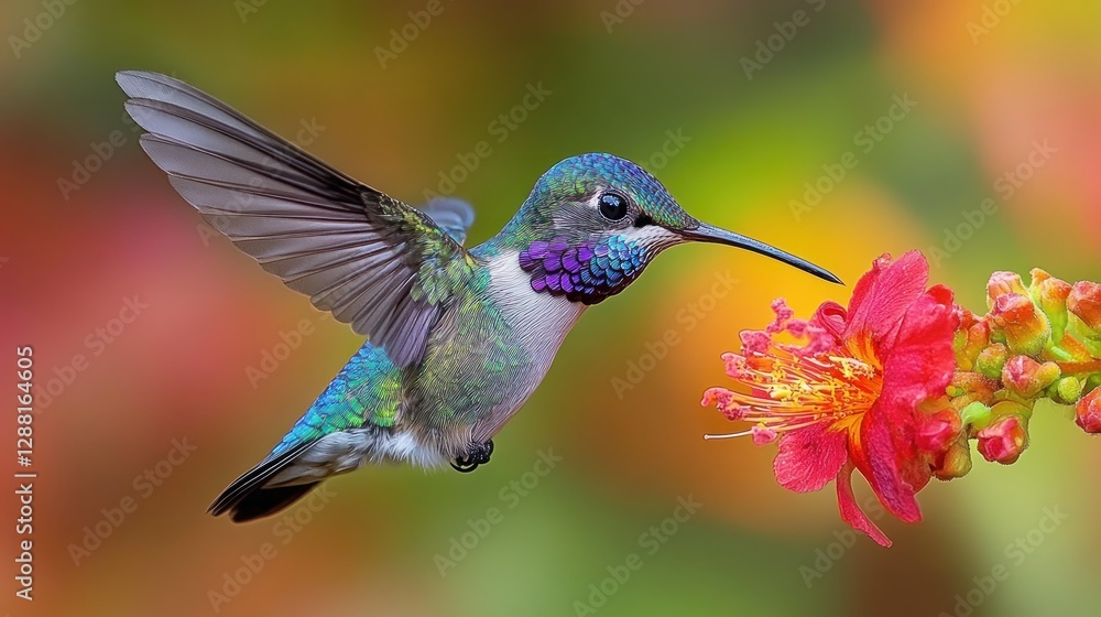 Naklejka premium Colorful hummingbird in flight, feasting on flower