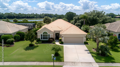 Tan Ranch Style House with Green Lawn and Lake View
