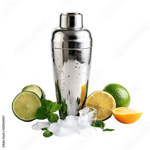 Stainless Steel Cocktail Shaker with Lime Isolated on Transparent Background