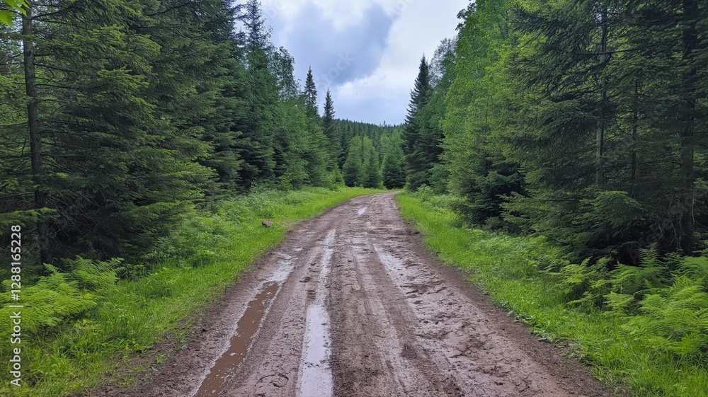 dirt road leading through the forest, with green trees on both sides dirt road leading through the forest, with green trees on both sides