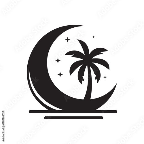 Minimalist Palm Tree with Moon Vector | Tropical Night Illustration