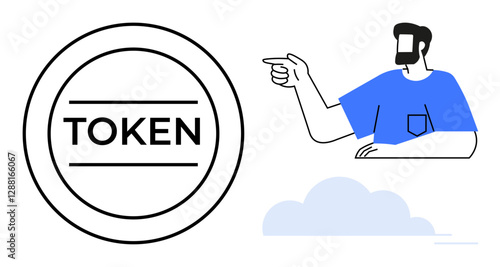 Man in blue shirt pointing towards a token enclosed in a circle, emphasizing focus and direction. Ideal for finance, technology, cryptocurrency, rewards, digitalization, gamification strategy. Blue
