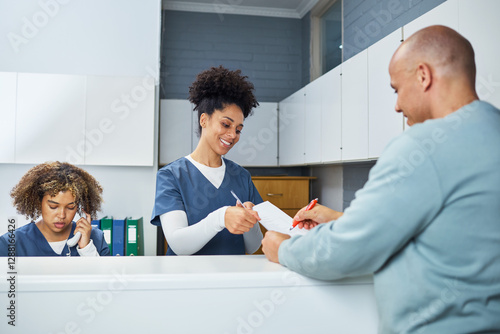 Healthcare Professionals Assisting a Patient at a Reception Desk in a Modern Clinic