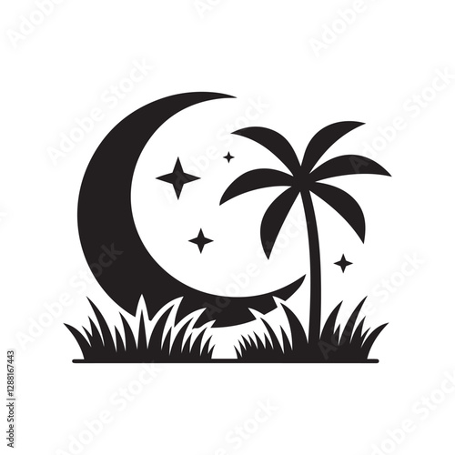 Minimalist Palm Tree with Moon Vector | Tropical Night Illustration