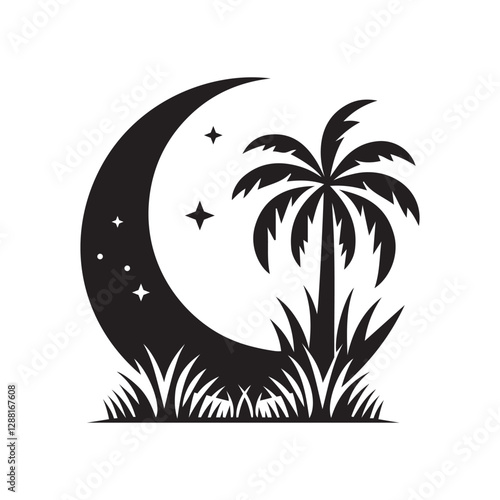 Minimalist Palm Tree with Moon Vector | Tropical Night Illustration