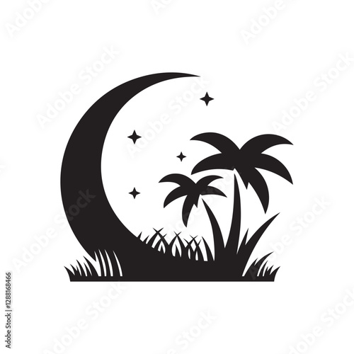 Minimalist Palm Tree with Moon Vector | Tropical Night Illustration