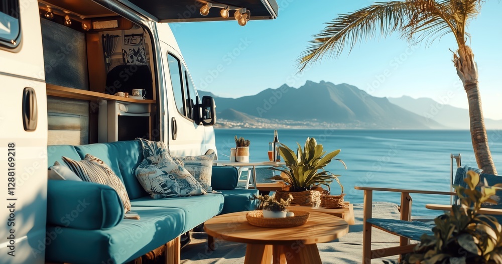 Fototapeta premium Un camping-car élégant avec un coin salon donnant sur la mer, comprenant un canapé turquoise, une table basse en bois et des plantes, ciel bleu et montagnes en arrière-plan.