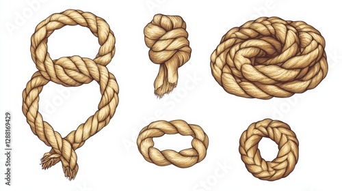 Knotted ropes cords monkey fist knot Vector. Nautical thread whipcord with loops and noose. Rope cord Twisted element. Illustration hand drawn graphic isolated background. Braided, folded spiral fiber