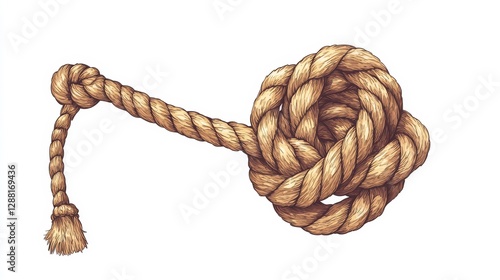 Knotted ropes cords monkey fist knot Vector. Nautical thread whipcord with loops and noose. Rope cord Twisted element. Illustration hand drawn graphic isolated background. Braided, folded spiral fiber