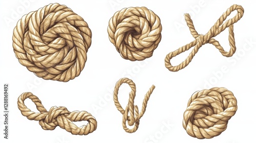 Knotted ropes cords monkey fist knot Vector. Nautical thread whipcord with loops and noose. Rope cord Twisted element. Illustration hand drawn graphic isolated background. Braided, folded spiral fiber