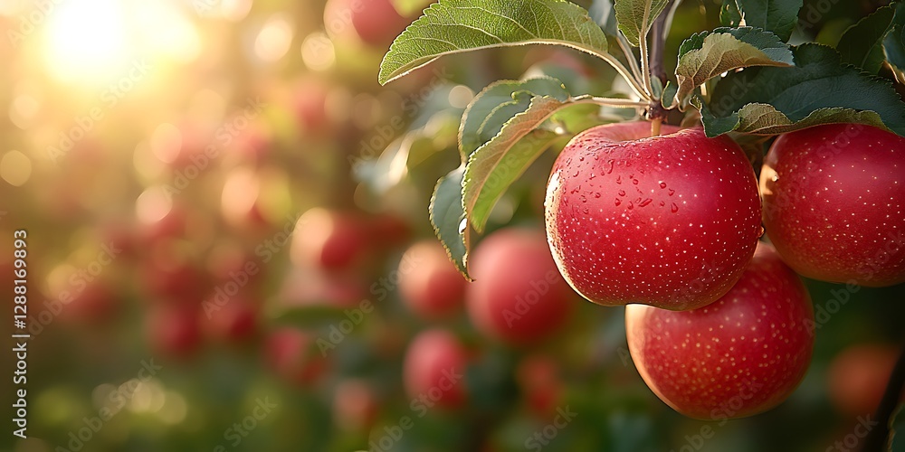Obraz premium Ripe Red Apples Hanging on Branches in Orchard at Sunset