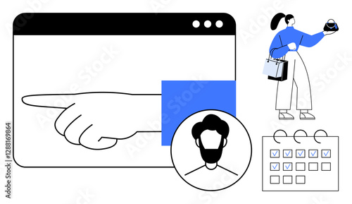 Browser window with pointing hand, female holding device, shopping bags, male profile in circle, checklist calendar. Ideal for online shopping, e-commerce, scheduling, customer interaction digital