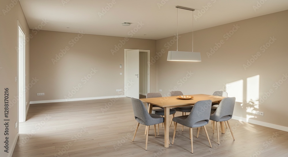 Modern Dining Room Interior with Wooden Table and Gray Upholstered Chairs Modern Dining Room Interior with Wooden Table and Gray Upholstered Chairs