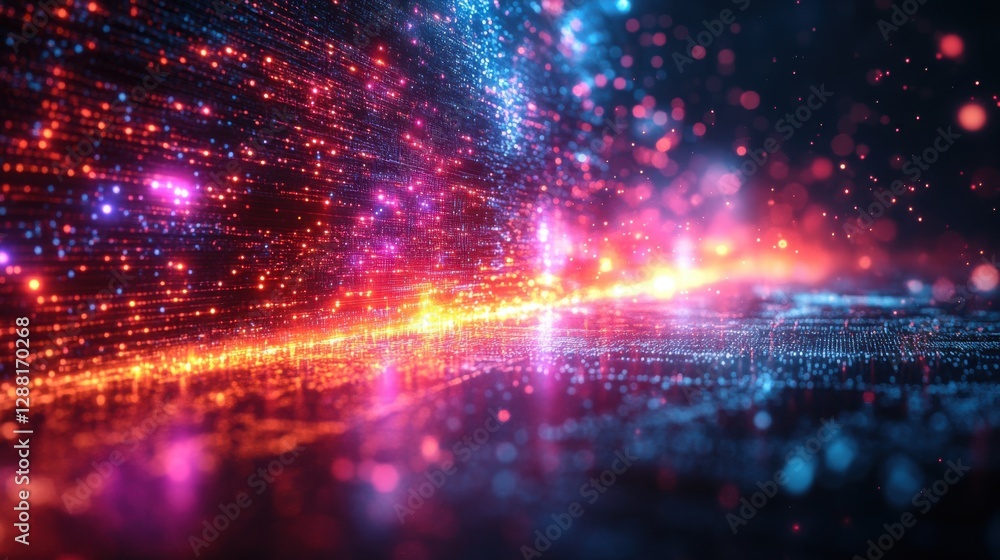 Abstract light data. Glowing dots and particles. Digital network concept. Dark tech background. Future technology flow. Blue red color. Abstract light data. Glowing dots and particles. Digital network concept. Dark tech background. Future technology flow. Blue red color.