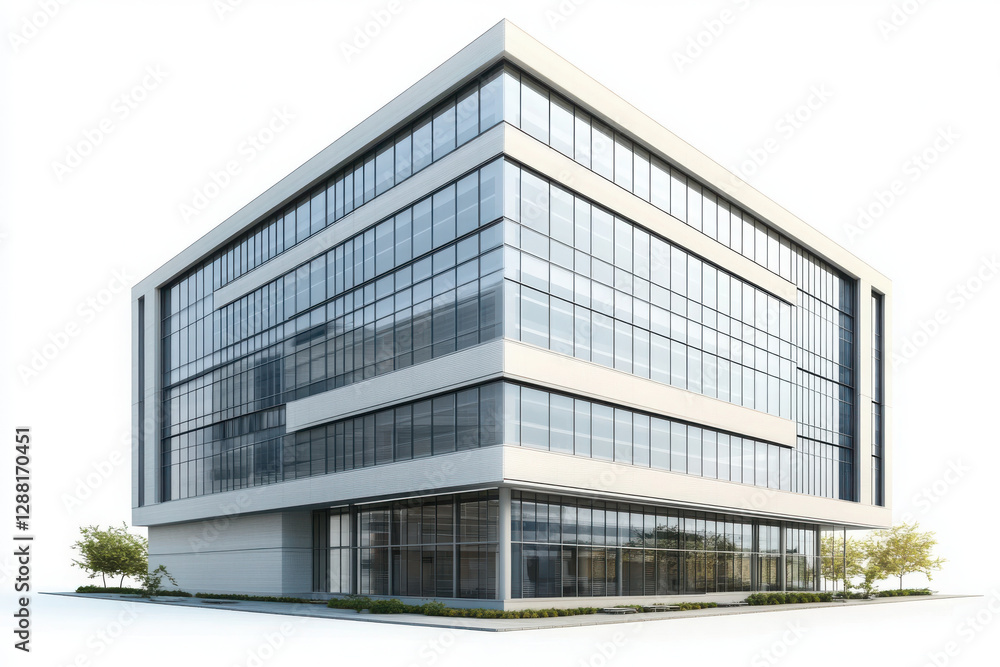 Modern high-rise office building with large windows in 3D on white background Modern high-rise office building with large windows in 3D on white background