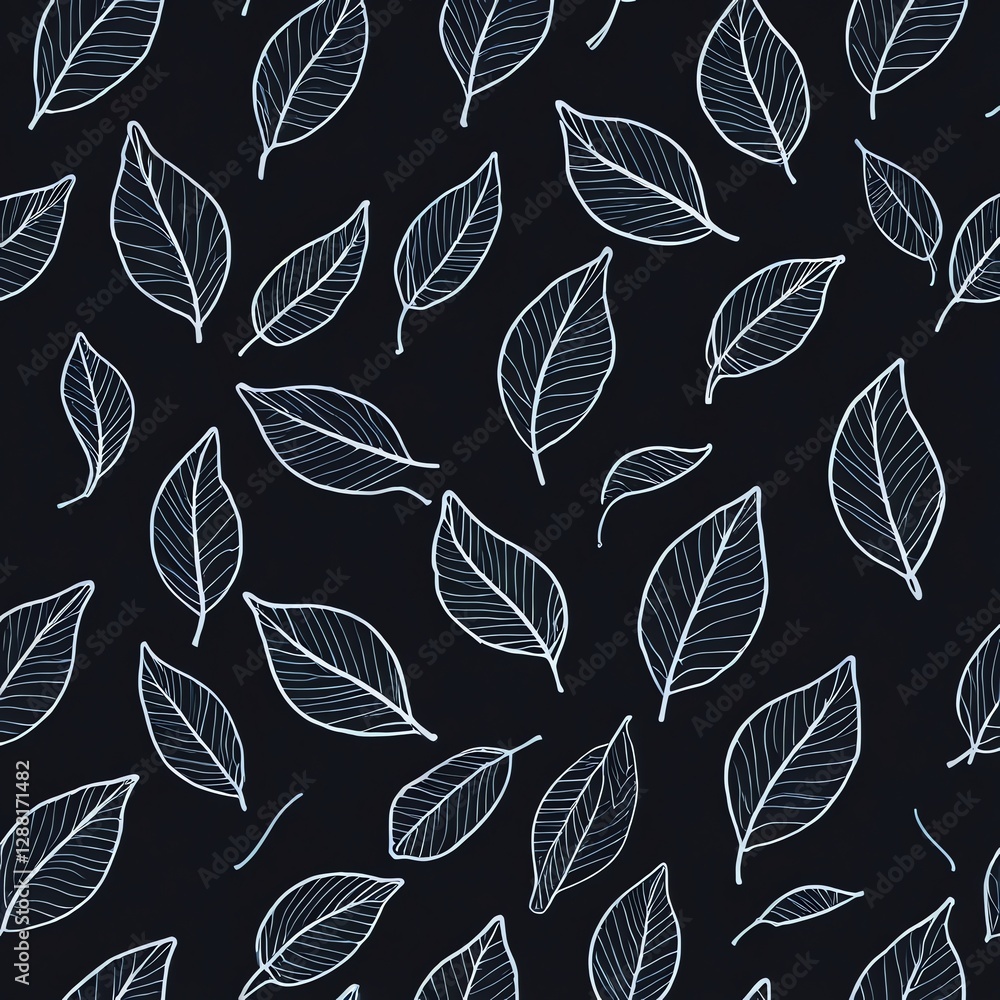 Obraz premium Elegant Dark Blue Leaf Pattern: A Seamless Design of Delicate White Leaves