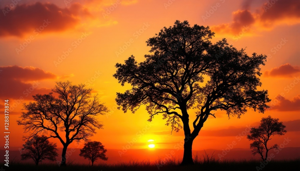 Fototapeta premium Silhouetted trees against vibrant sunset sky with orange clouds