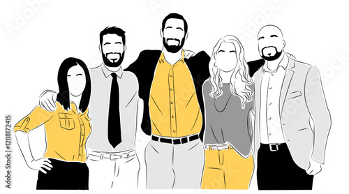 Business team members standing together and supporting each other. Men and women in formal office outfit. Vector colored yellow and black linear illustration isolated