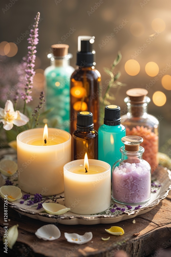 Elegant display of aromatic candles and essential oils in a serene setting during golden hour Elegant display of aromatic candles and essential oils in a serene setting during golden hour