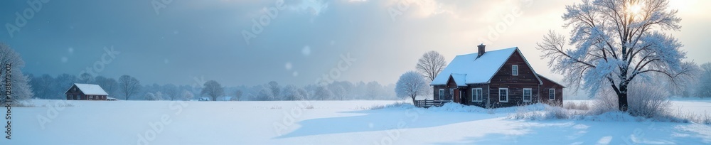 Heavy snowfall obscures distant farmhouse, stark branches , snowfall night, winter scene Heavy snowfall obscures distant farmhouse, stark branches , snowfall night, winter scene
