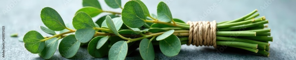 A bundle of fresh eucalyptus branches tied with twine, nature, bouquet, floral A bundle of fresh eucalyptus branches tied with twine, nature, bouquet, floral