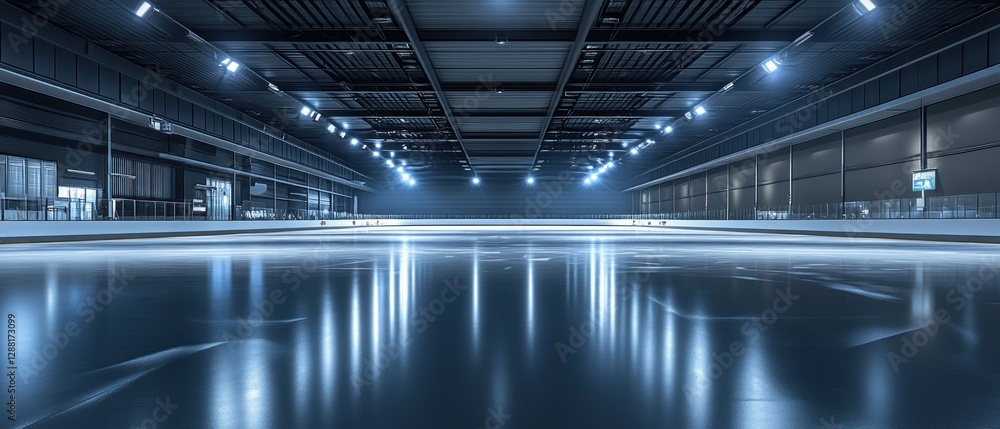 Fototapeta premium Empty Ice Rink with Soft Blue Lighting and Reflections