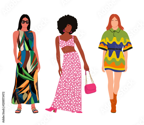 Set of Stylish young women dressed in fashionable clothes. Diverse Pretty girls wearing High fashion outfit, summer dress. Cartoon vector realistic illustration isolated