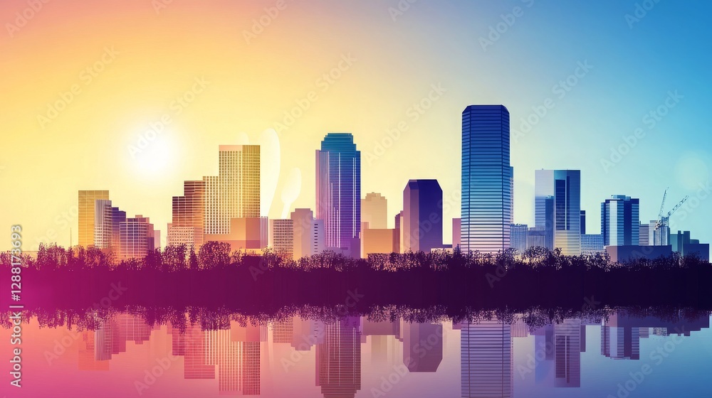 Fototapeta premium Oklahoma City skyline silhouette with reflection in the water. Urban landscape of Oklahoma with iconic buildings, landmarks, and the city's skyline viewed in vector style illustration.