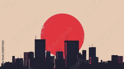 Brutalist futuristic cityscape showcasing tall geometric structures with clean lines and textures set under a bone white background featuring a large red circle sun