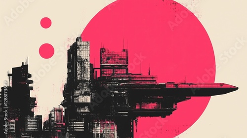 A futuristic cityscape featuring brutalist architecture with sharp geometric buildings set against a bone white background and a large pink sun creating a minimalist scene