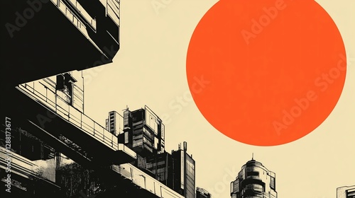 Stylized cityscape with towering brutalist architecture in the foreground under a vast beige sky featuring a prominent large orange sun