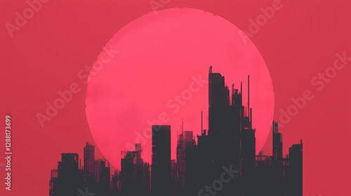 Futuristic city skyline with sharp angular buildings silhouetted against a pink sky dominated by a large pink sun