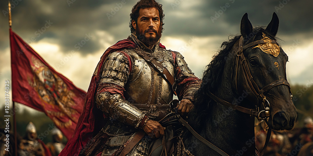 King Charles V of Spain leads troops at the Battle of Muhlberg in a dramatic historical moment. Header banner mockup with copy space. King Charles V of Spain leads troops at the Battle of Muhlberg in a dramatic historical moment. Header banner mockup with copy space.