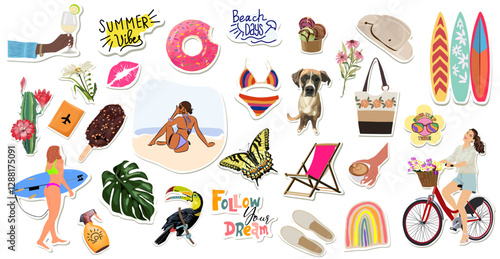 Set of cute summer stickers for daily planner. Collection of scrapbooking elements, surfboard, ice cream, bikini, tropical leaves, butterflies, parrot, girl in beach clothes. Vector isolated