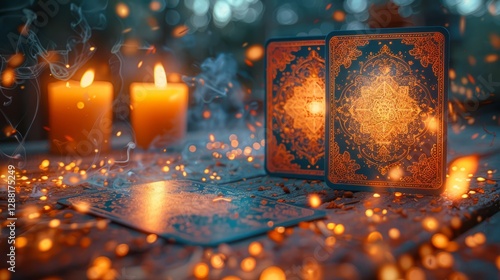 A close-up view of tarot cards with elegant golden etchings, resting on a dimly lit wooden table