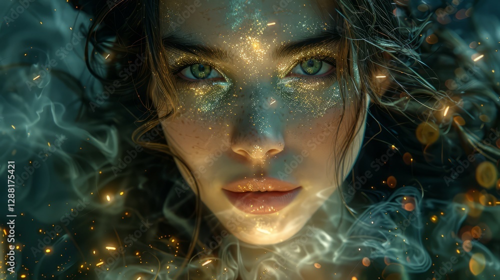 A mysterious woman with piercing green eyes, holding a tarot card adorned with golden details A mysterious woman with piercing green eyes, holding a tarot card adorned with golden details