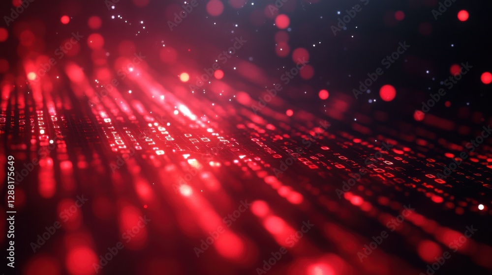 Fototapeta premium Red data stream. Digital binary code. Computer system running. Futuristic technology background. Abstract glowing numbers. Software or programming concept. Data analysis.