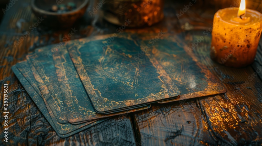 A close-up view of tarot cards with elegant golden etchings, resting on a dimly lit wooden table A close-up view of tarot cards with elegant golden etchings, resting on a dimly lit wooden table