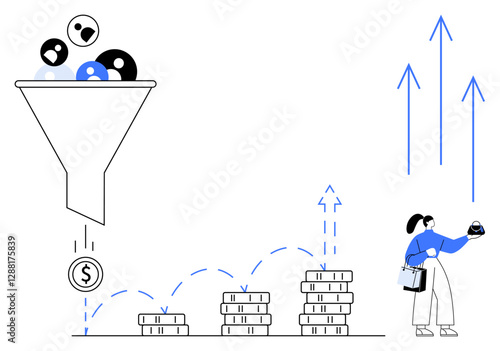 Funnel filtering diverse avatars into dollar sign, money stacks representing profit growth, businesswoman celebrating success by showing upward arrows. Ideal for business strategy, marketing