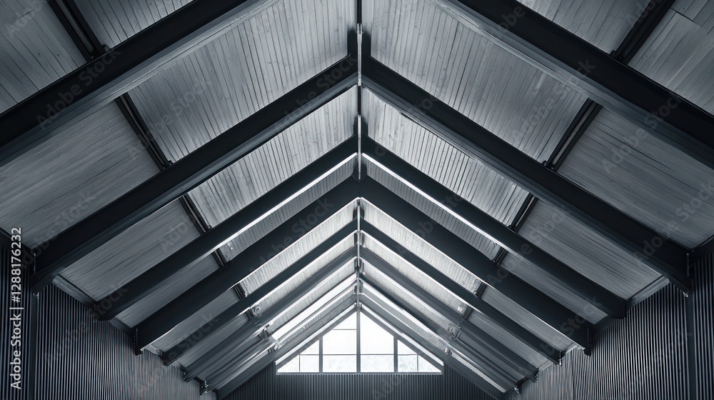 Low-angle view of a triangular metal roof structure with a small window at the apex. Low-angle view of a triangular metal roof structure with a small window at the apex.