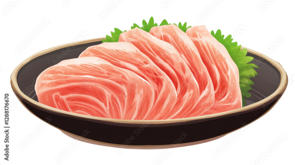Freshly sliced meat served on a black plate with vibrant green garnish in a culinary setting Freshly sliced meat served on a black plate with vibrant green garnish in a culinary setting