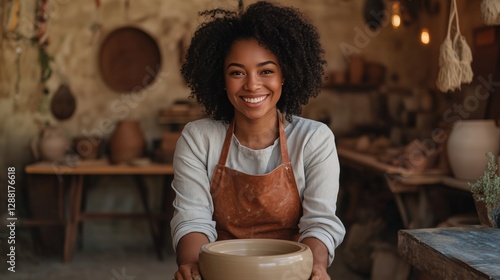 Happy young Black woman in apron crafts pottery in a cozy studio