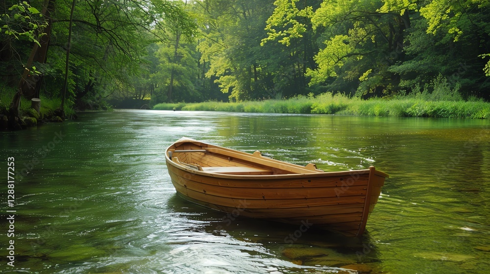 A wooden boat sits on a calm river in a lush green forest. A wooden boat sits on a calm river in a lush green forest.