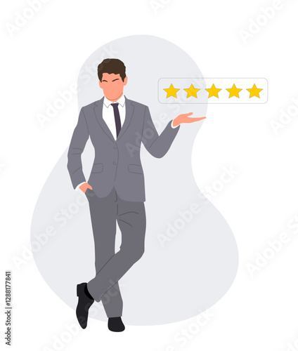 Business man leave five star rating and service satisfaction feedback. Young man in formal suit give a review rating and feedback. Vector realistic Illustration isolated 